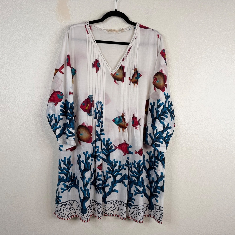 Soft Surroundings Seychelles Tunic Dress Beaded Trim Fish Coral Print Beachy 2X